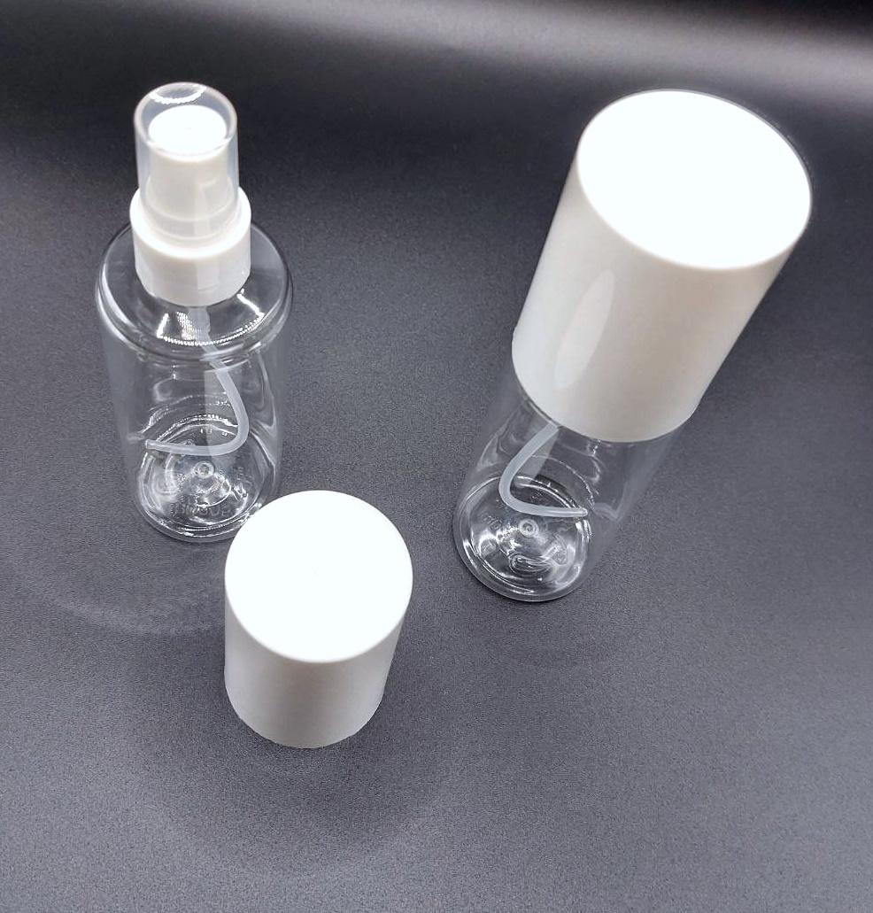 Флакон PET 100 мл 20/410 натуральный (BU805) в комплекте с белым колпаком и спреем 2
