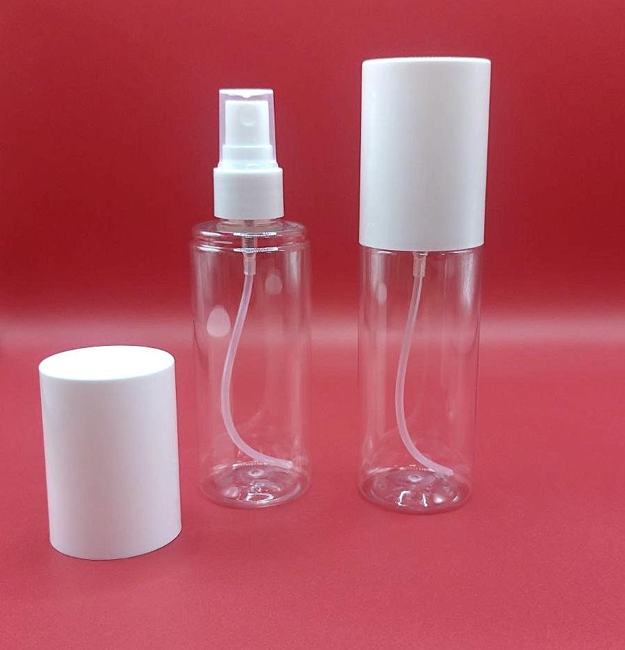 Флакон PET 100 мл 20/410 натуральный (BU805) в комплекте с белым колпаком и спреем 7