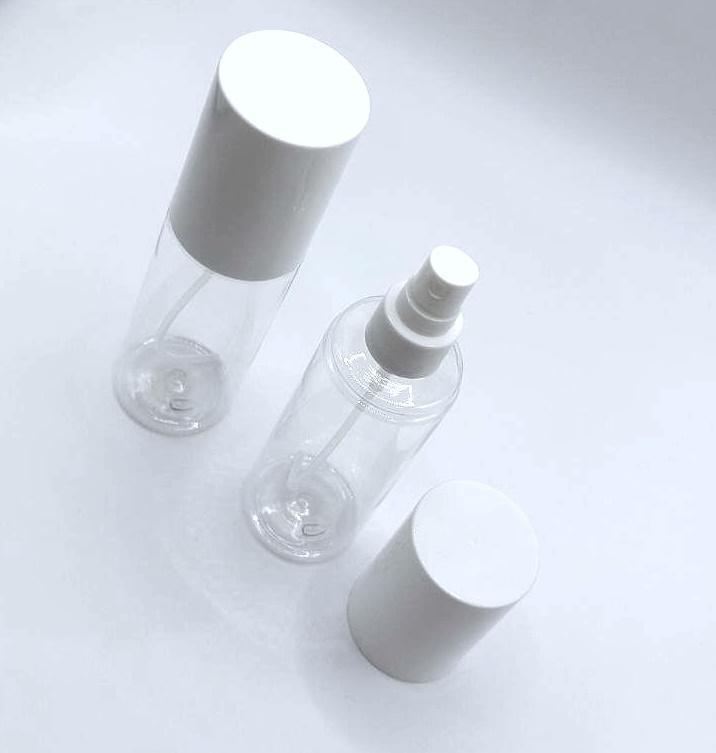 Флакон PET 100 мл 20/410 натуральный (BU805) в комплекте с белым колпаком и спреем 3