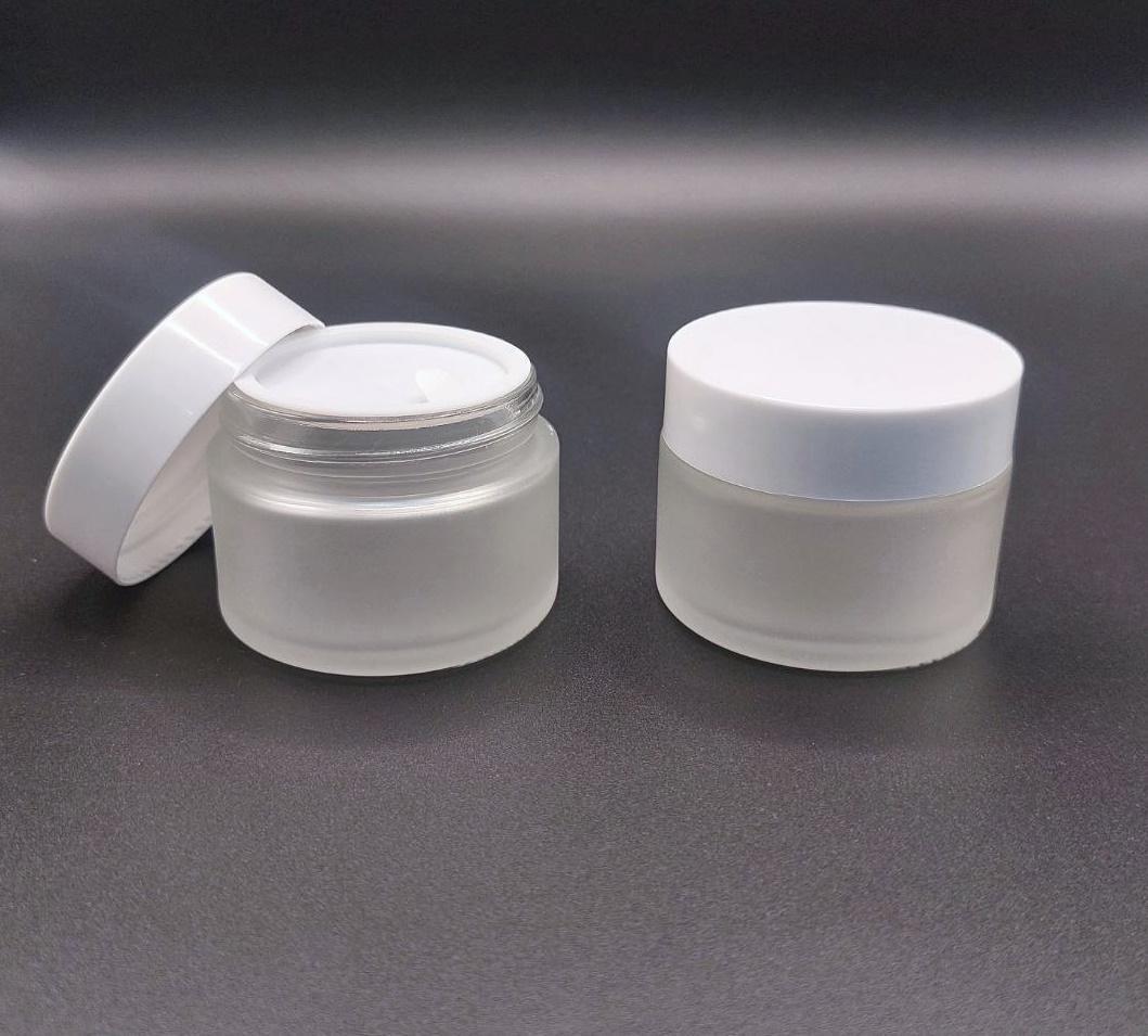 Банка 50 мл стеклянная фростированная в комплекте с крышкой белой глянцевой и  белой твердой прокладкой РР 5