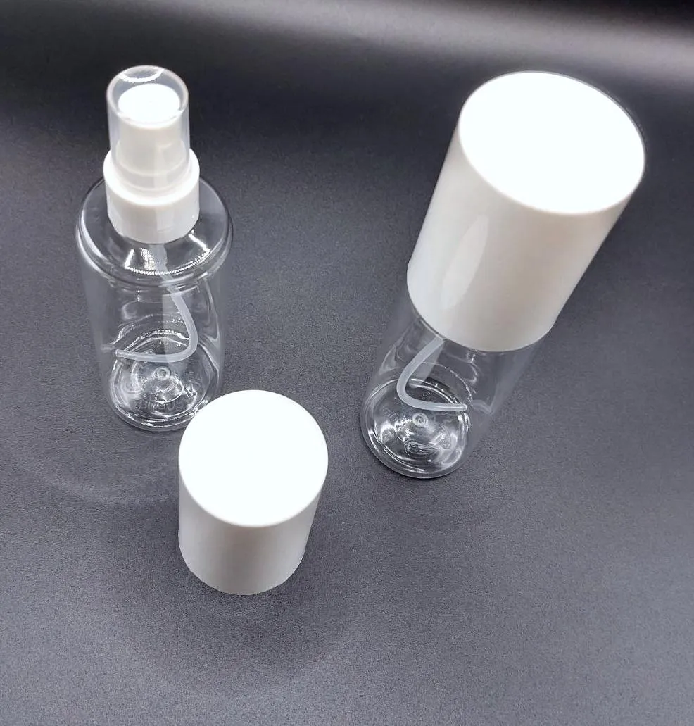 Флакон PET 100 мл 20/410 натуральный (BU805) в комплекте с белым колпаком и спреем 2