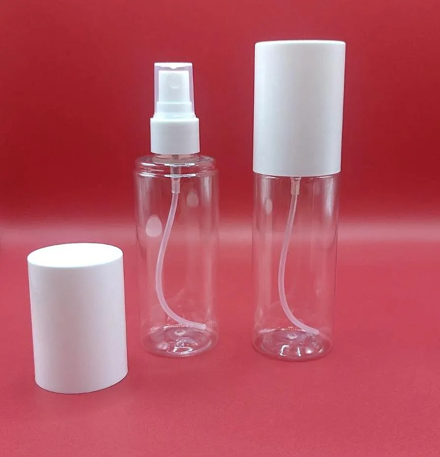 Флакон PET 100 мл 20/410 натуральный (BU805) в комплекте с белым колпаком и спреем 7