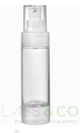 Airless 120ml biały z przezroczystą nasadką i przezroczystą butelką, Biała pompka i biały spód