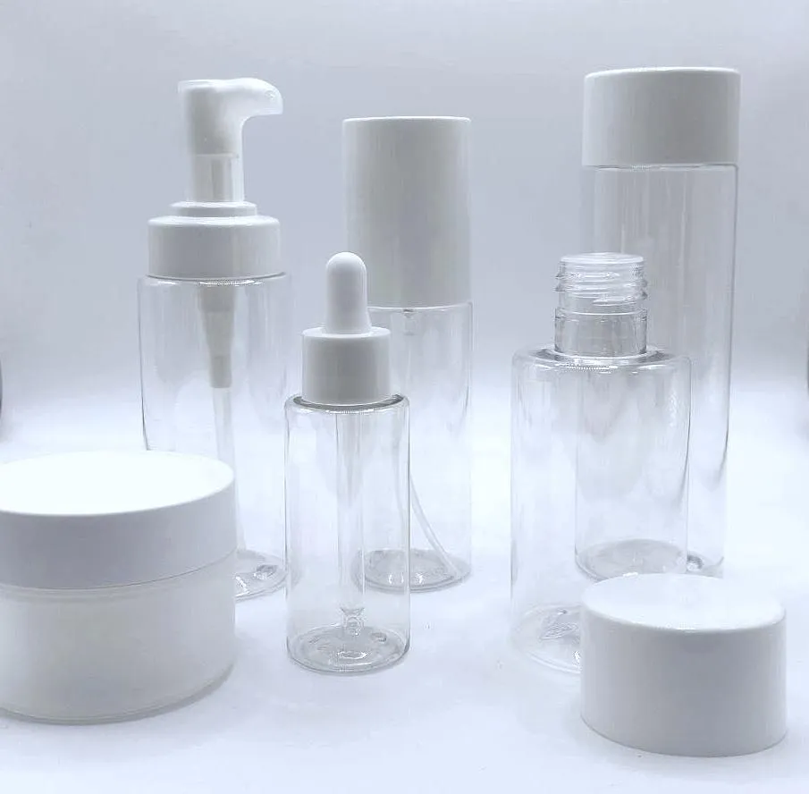 Флакон PET 100 мл 20/410 натуральный (BU805) в комплекте с белым колпаком и спреем 4